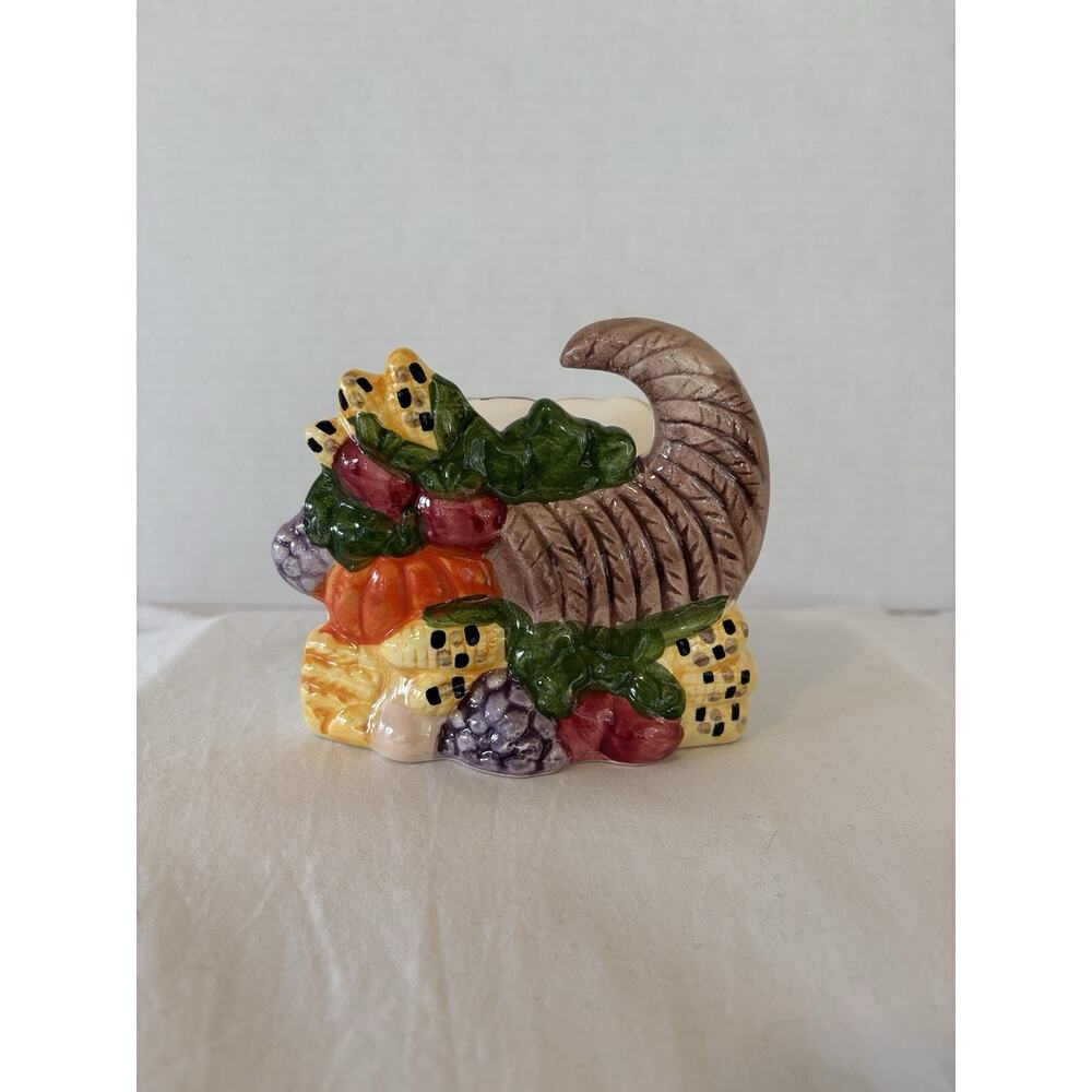 Thanksgiving Theme/ Fall Ceramic Cornucopia Napkin Holder Fruits and Vegetables - Picture 2 of 14